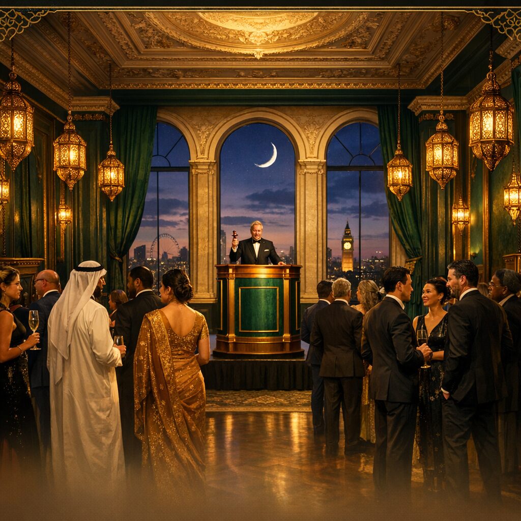 Property for sale A formal evening gala in an ornate hall with chandeliers and green curtains; guests in elegant attire listen to a speaker at a lectern. Through large windows, the London skyline glows under a crescent moon—perfect for an Eid al-Fitr 2026 London celebration. Presented by Palace Auctions