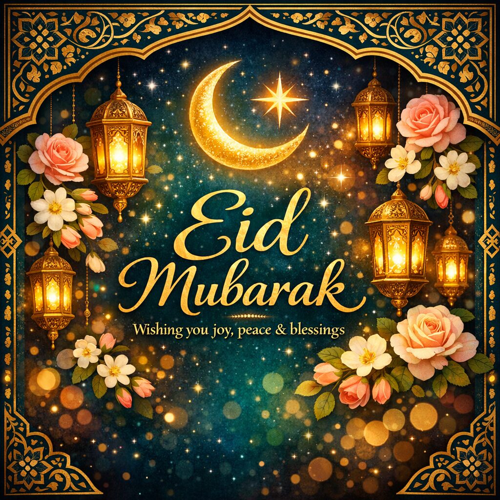 Property for sale Eid Mubarak card with golden lanterns, crescent moon, star, and pink roses on a starry background. The text reads: 