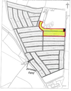 Property for sale A black and white site map with multiple rectangular plots, including a highlighted parcel of land near the top right outlined in red and filled with yellow. "ENTRANCE GATE" is labelled near Limpsfield Road at the bottom left, with roads and boundaries shown. Presented by Palace Auctions