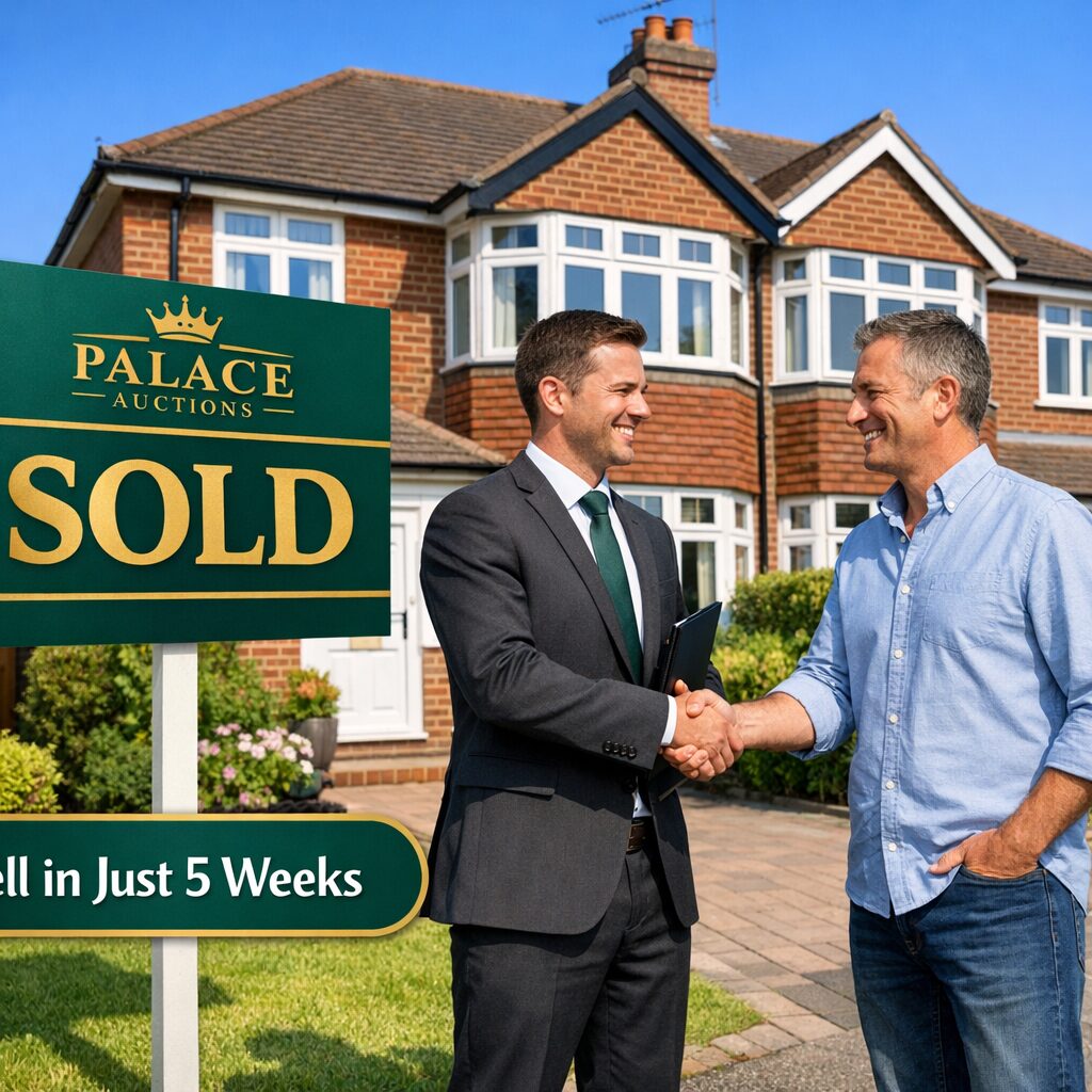 Property for sale Two men shake hands in front of a brick house with a "Sold" sign from Palace Auctions. Both are smiling, showcasing the power of 🚀 Sell Your Property in Just 5 Weeks – Not 20 – with Palace Auctions. The sale is clearly a success. Presented by Palace Auctions