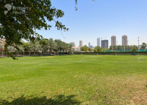 Property for sale A large, green grassy field with palm trees along the edge, a few sprinklers watering the lawn, and tall modern buildings in the background—perfectly capturing the serene vibe near luxury flats in Dubai's Jumeirah Village Triangle. Presented by Palace Auctions