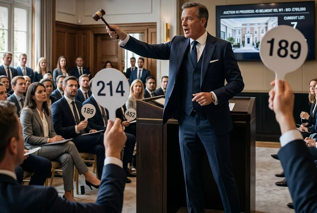 Property for sale A well-dressed auctioneer holds a gavel and gestures whilst people in suits raise numbered paddles. Text reads: “7 Mistakes You’re Making When Selling Property at Auction (And How To Fix Them).”. Presented by Palace Auctions