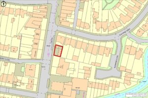 Property for sale A detailed street map of Winchmore Hill showing buildings and property boundaries. One property near the centre, marked as a potential development site, is outlined in red. Streets, garages, a stairway, and various plot numbers are labelled. Presented by Palace Auctions