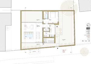 Property for sale Architectural floor plan for a modern house in Winchmore Hill, illustrating the planning layout with open living and kitchen areas, two bedrooms, two bathrooms, laundry, storage, and large gardens within clearly marked site boundaries. Presented by Palace Auctions