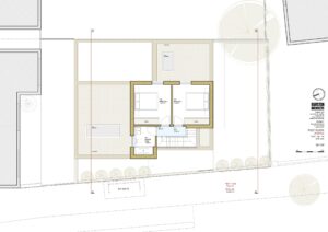 Property for sale Architectural floor plan of a rectangular building on an N21 Winchmore Hill development site, featuring two bedrooms, two bathrooms, central stairway, outdoor swimming pool, patio areas, labelled measurements, surrounding trees, and property boundaries. Presented by Palace Auctions