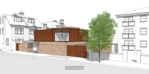 Property for sale Architectural rendering of a modern, two-storey house with brick and rust-coloured metal exterior on a Development Site in Winchmore Hill N21; surrounded by traditional buildings, tree, and bus stop in front; labelled "CGI Image Only. Presented by Palace Auctions