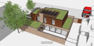 Property for sale A 3D architectural rendering of a modern house with flat green roofs, large windows, brick and timber exterior in N21 Winchmore Hill, surrounded by trees and a red double-decker bus. Label reads "CGI Image Only. Development Site. Presented by Palace Auctions