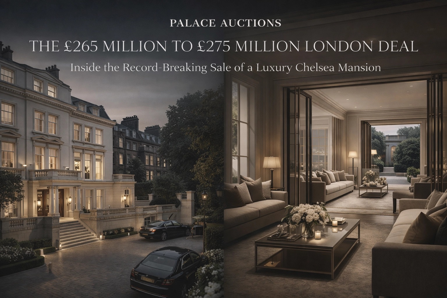 Property for sale Elegant promotional image for Palace Auctions showing a grand London mansion exterior at dusk and a luxurious, modern living room interior with large windows, comfortable sofas, and soft lighting. Text highlights a record-breaking property sale. Presented by Palace Auctions