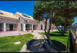 Property for sale A row of Mediterranean-style houses with tiled roofs, stone accents, and small front patios, bordered by a landscaped garden with green grass, a curved stone pathway, and several leafy trees under a bright blue sky. Presented by Palace Auctions