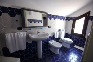 Property for sale Modern bathroom with hexagonal blue and grey tiles on the floor and walls, featuring a washbasin, bidet, toilet, large mirror, towel rail with white towels, and a window with natural light. Presented by Palace Auctions