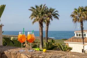 Property for sale Two glasses of orange cocktails with straws on a stone ledge, overlooking palm trees, a house, green lawn, and the sea under a clear blue sky. Presented by Palace Auctions