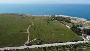 Property for sale A coastal landscape with green fields, a winding dirt road, sparse buildings, and a blue sea in the background under a clear sky. Presented by Palace Auctions