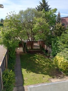 Property for sale A sunny back garden with a grassy lawn, bordered by fences and green bushes, features a tall leafy tree casting shade, a paved path on the left, and a wooden shed at the back near a wooden trellis. Presented by Palace Auctions