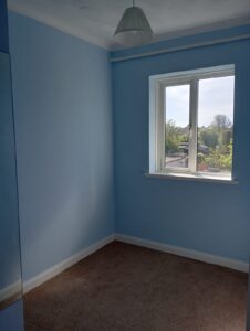 Property for sale A small empty room with light blue walls, a brown carpet, a white ceiling with a pendant light, and a window letting in sunlight, showing green trees and rooftops outside. Presented by Palace Auctions