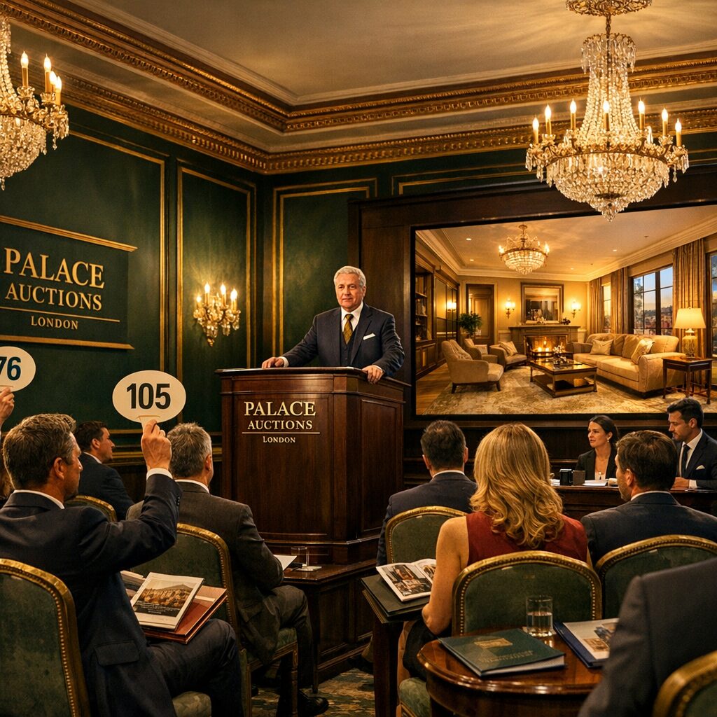 Property for sale An auctioneer stands at a rostrum in an elegant room with chandeliers as bidders raise numbered paddles. Behind him, a large photo of a luxurious sitting room hints at a residential investment featured in the May 2026 London property auction. Presented by Palace Auctions