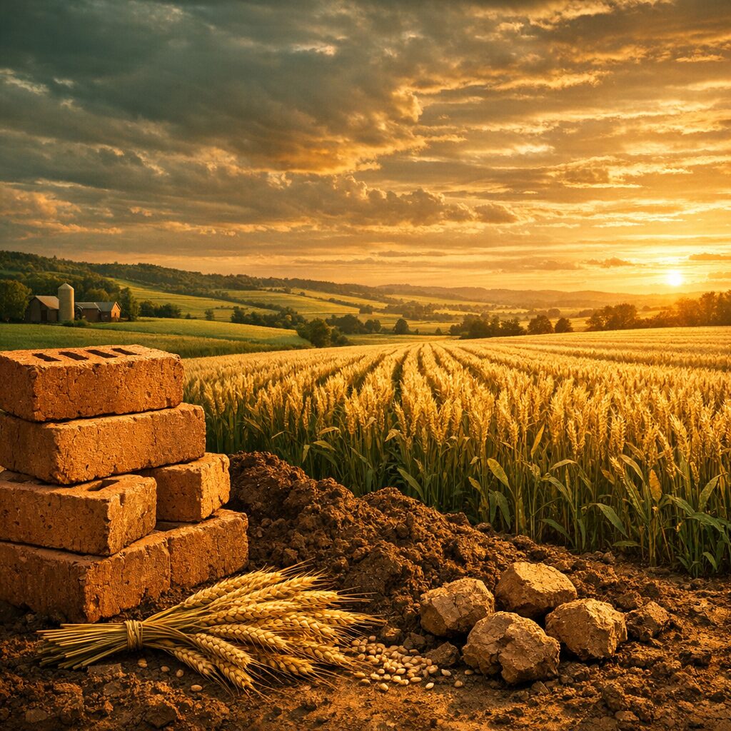 Property for sale Golden sunset over a wheat field with bricks, soil, and wheat stalks in the foreground; rolling hills, farm buildings, and dramatic clouds highlight the intrinsic value of land and its role in land and commodity investment. Presented by Palace Auctions
