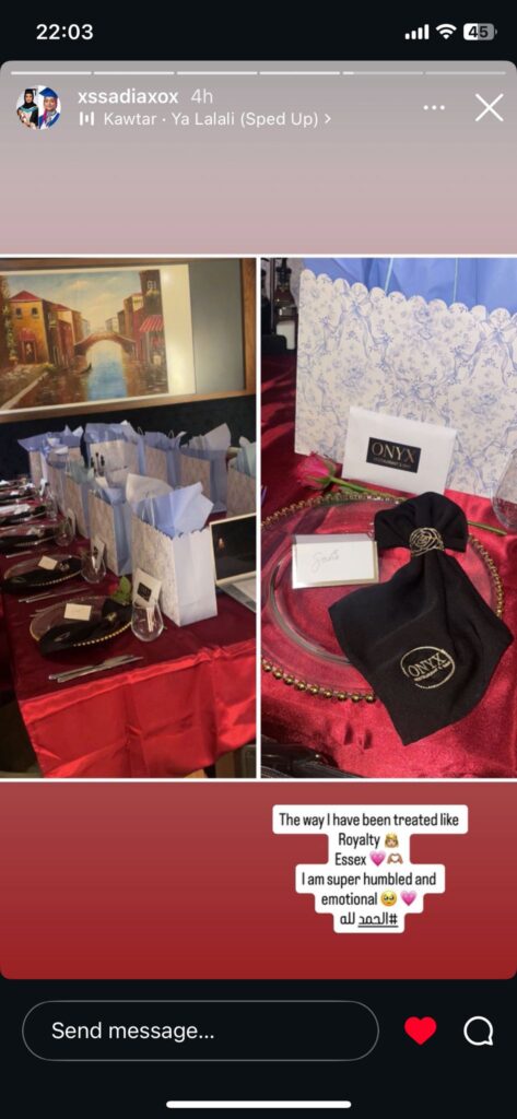 A collage showing a decorated dining table with white gift bags and a red tablecloth on the left, and a close-up of ONYA-branded Founders Edition gifts including prayer beads and a scarf on the right. Text overlay expresses feeling treated like royalty. Presented by Palace Auctions