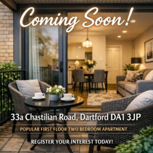 Property for sale A cosy balcony with a small table and two chairs overlooks a warmly lit living room. Text reads: "Coming Soon! 33a Chastilian Road, Dartford DA1 3JP. Popular first floor two-bedroom flat. Register your interest today!". Presented by Palace Auctions