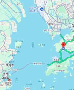 Property for sale A map showing parts of southern China, including Macau, Zhuhai, Shenzhen, Tuen Mun, and the Shenzhen Bao’an International Airport, with a red location pin marked on the east side near green highlighted roads. Presented by Palace Auctions