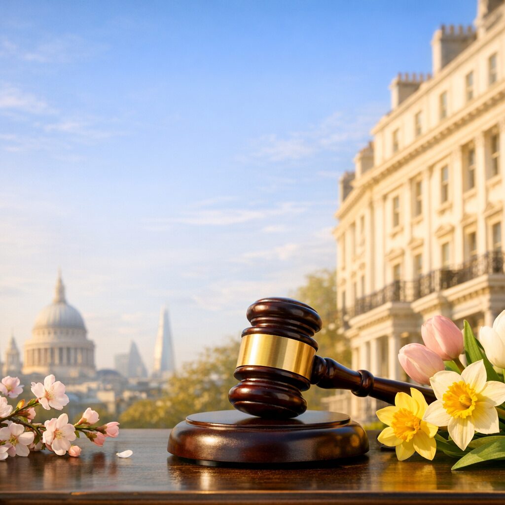 Property for sale A judge’s gavel rests on a wooden surface, surrounded by spring flowers, with London landmarks like St Paul’s Cathedral and the Shard in the background—offering a nod to common property auction myths UK under a clear blue sky. Presented by Palace Auctions