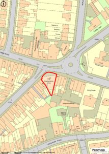 Property for sale A detailed colour map of Croydon highlights the Leslie Arms (PH) Mixed Use Investment Property with a red outline at a road junction. Surrounding streets and various labelled buildings, such as Sapphire Apartments and Kirby House, are visible. Auction details included. Presented by Palace Auctions