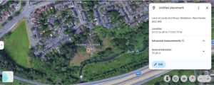 Property for sale A satellite view of Future Development Land near Lands End Road, Middleton, surrounded by houses, the River Irk, and the M60 motorway. A placemark and location details are shown on the right. Presented by Palace Auctions