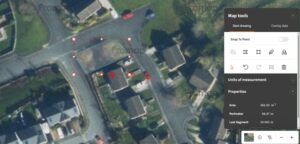 Property for sale A satellite map view of a residential area in North Yorkshire shows a selected irregular Freehold Building Plot outlined in blue. Map tools on the right display area, perimeter, and measurement options. Several houses and streets are visible. Presented by Palace Auctions