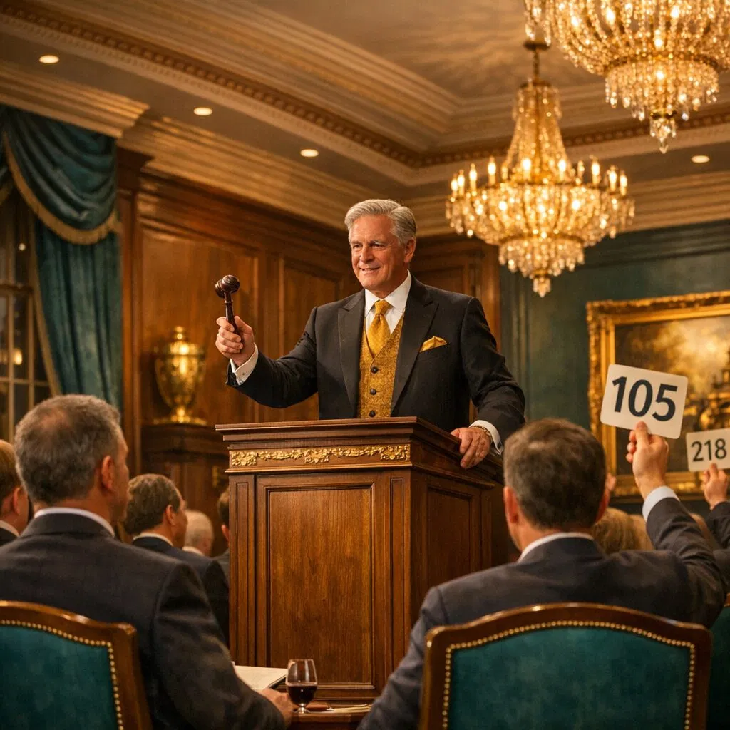 Property for sale An auctioneer in a suit stands at a lectern, holding a gavel, smiling at bidders in a luxurious room with chandeliers. Audience members raise numbered paddles, including 105 and 218. Presented by Palace Auctions