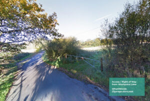 Property for sale A narrow rural road curves left past trees and bushes; a metal gate gives access to a grassy field on the right, possibly part of the Washpond Lane land auction. A teal text box in the corner contains location details and a What3Words address. Presented by Palace Auctions