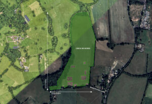 Property for sale Aerial view of a rural area highlighting a green, irregularly shaped field labelled "Circa 30 Acres," bordered by trees and fields, with arrows for dimensions and a road labelled "Washpond Lane" at the bottom—ideal for the upcoming Washpond Lane land auction. Presented by Palace Auctions