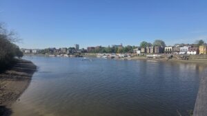 Property for sale A wide river curves through SW13’s cityscape under a clear blue sky, with boats moored along the far bank, rows of houses on Clavering Avenue and trees lining the shore, plus distant buildings—an idyllic scene for a luxury auction property. Presented by Palace Auctions