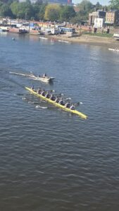 Property for sale A yellow rowing boat with eight rowers and a cox moves along a river near Clavering Avenue, SW13, followed by a motorboat. Buildings and trees line the opposite riverbank under a clear sky. Presented by Palace Auctions