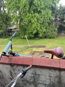 Property for sale A weathered bicycle with a red and blue saddle leans against a rain-soaked concrete balcony, overlooking a green garden with trees and a wooden pole on a cloudy day. Presented by Palace Auctions