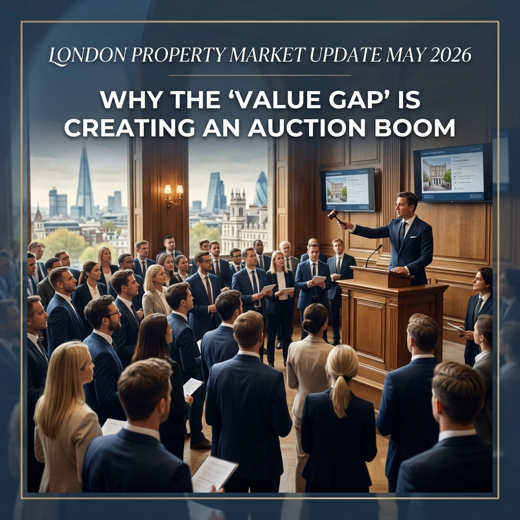 Property for sale A suited auctioneer leads a crowded property auction in a wood-panelled London room, with city skyline visible through large windows. Attendees watch and hold brochures. Text overlays discuss London property market trends, May 2026. Presented by Palace Auctions