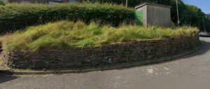 Property for sale A grassy, overgrown verge sits atop a low stone wall beside a curved road in Waterfoot, Rossendale. In the background, the small Baron Pumping Station building is partially obscured by tall hedges. Presented by Palace Auctions