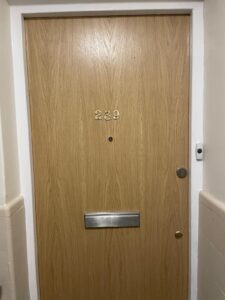 Property for sale A light wooden door with the number 239, a peephole above the letterbox, and a doorbell on the right wall. The door is framed by white trim and has beige tiled walls on either side. Presented by Palace Auctions