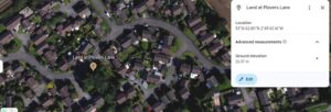 Property for sale A satellite view of a residential neighbourhood in Helsby with houses and roads; a marker highlights "Land at Plovers Lane, amenity land" and an information box shows coordinates, elevation, and an edit button, emphasising its strategic long-term potential. Presented by Palace Auctions