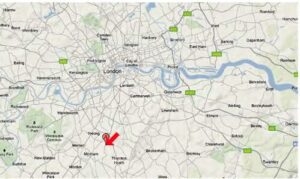 Property for sale A map of London and surrounding areas, highlighting neighbourhoods and roads. A red arrow points to the Tooting area in the south, with Lambeth and Streatham Vale also visible. The River Thames curves through the centre. Presented by Palace Auctions