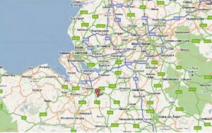 Property for sale A map showing parts of north-west England and north-east Wales, including cities such as Liverpool, Manchester, and Chester. Roads and motorways are marked, with a red marker near Chester for the Former Repeater Station going to auction. Presented by Palace Auctions