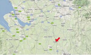 Property for sale Map showing north-west England, including cities such as Liverpool and Manchester. A red arrow points to Daisybank Drive (CW11 4JR), highlighting land for sale in Sandbach, south of Warrington and west of Stoke-on-Trent. Presented by Palace Auctions