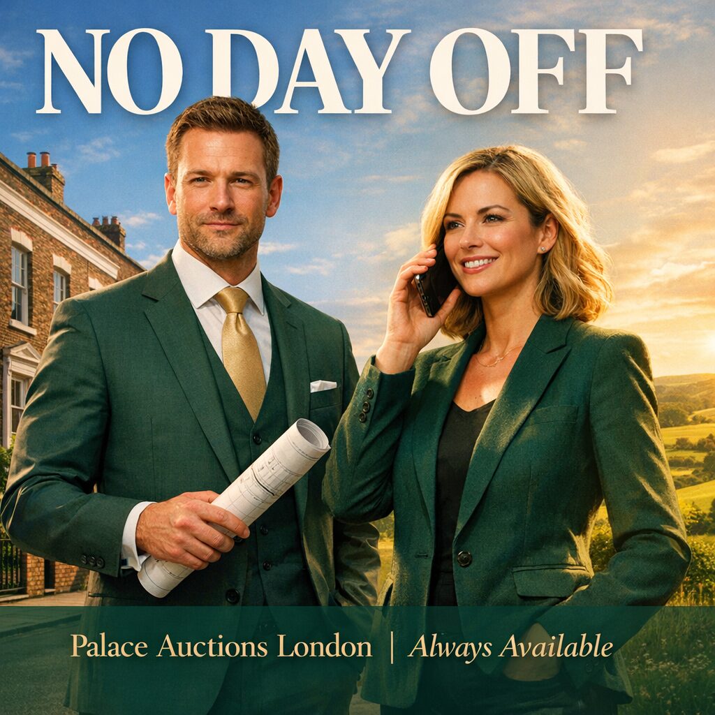 Property for sale A man holding rolled papers and a woman on the phone, both in green suits, stand outdoors by a house and countryside. The text reads “NO DAY OFF—Palace Auctions London | Always Available for probate and land sales.”. Presented by Palace Auctions