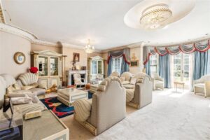 Property for sale Elegant living room in a Grand Mansion on Winnington Road, featuring ornate furniture, cream and gold accents, chandeliers, large windows with blue and red curtains, classical décor, display cabinets, a marble fireplace, and abundant natural light. Presented by Palace Auctions