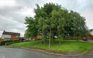 Property for sale A small grassy roundabout, designated as amenity land, with several tall, leafy trees sits at the junction of Helsby's residential streets, surrounded by houses and a cloudy sky overhead. Presented by Palace Auctions