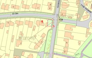 Property for sale A digital map showing houses, roads, and buildings in Oxfordshire. A red pin marks a house on a corner plot of land near a curved road and green area—an excellent auction opportunity. Labels include "Hagbourne" and "Tyne Square. Presented by Palace Auctions