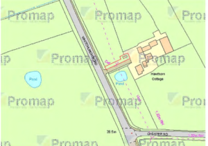 Property for sale A map showing Hawthorn Cottage and the Former Repeater Station Chester next to Whitchurch Road and Chester Road, with two ponds, surrounding green fields, property boundaries in pink, and “Promap.” Ideal auction lot—guide price £25,000. Presented by Palace Auctions