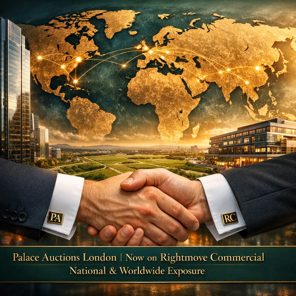 Property for sale Two people in suits shake hands before a cityscape and glowing world map, symbolising a global business deal. Text below reads: 