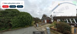Property for sale A suburban street view on Daisybank Drive shows houses with pitched roofs, trees, and shrubs. Two rubbish bins are by the kerb near a house with a garage. A map and what3words location overlay highlight land for sale Sandbach, CW11 4JR. Presented by Palace Auctions