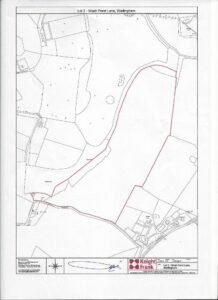 Property for sale A black and white map outlines Lot 2 on Washpond Lane, Warlingham, with a red boundary line. Ideal for land auction, the map shows fields, scattered buildings, roads, and the Knight Frank logo in the bottom right-hand corner. Presented by Palace Auctions
