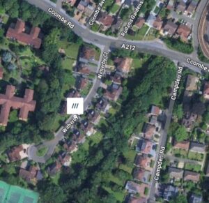 Property for sale Satellite view of a residential Croydon neighbourhood with houses, green trees, and curved streets including Witherby Close and Winterby. Major roads Coombe Rd, Campden Road, and A212 are labelled. A what3words icon is visible. Presented by Palace Auctions